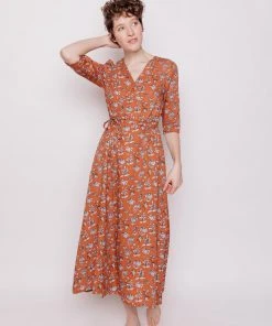 Mata Traders Aditi Hazelnut Floral Tencel Wrap Dress Clothing