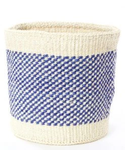 Swahili African Modern Home Goods Blue And Cream Twill Sisal Nesting Basket Set
