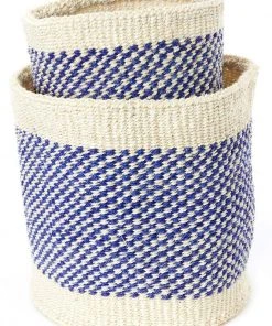 Swahili African Modern Home Goods Blue And Cream Twill Sisal Nesting Basket Set