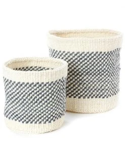 Swahili African Modern Home Goods Charcoal And Cream Twill Sisal Nesting Baskets