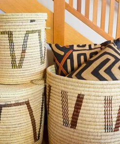 Swahili African Modern Chestnut Arrow Doum Palm Hamper Basket Set Home Goods