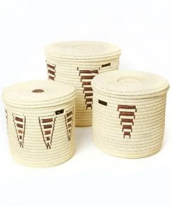 Swahili African Modern Chestnut Arrow Doum Palm Hamper Basket Set Home Goods