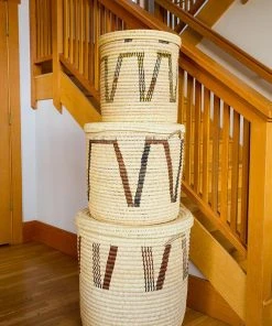 Swahili African Modern Chestnut Arrow Doum Palm Hamper Basket Set Home Goods