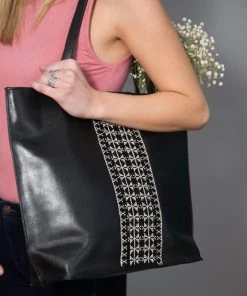 Darzah Black Leather Tatreez Tote Bag Fair Trade
