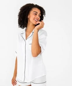 Ettitude Best Sellers Bamboo Lyocell Short Sleeve Pajama Shirt - Feather White
