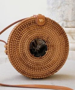 Hathorway BIPOC Owned Tan Tien Buffalo Horn Centerpiece Circle Wicker Rattan Bag