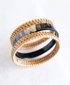 Hathorway Thuy Binh Buffalo Horn & Handwoven Rattan Bangle Bracelets