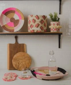 KAZI Home Goods Large Blossom Pinks + Tan Round Basket