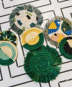 KAZI Home Goods Evergreen Fringed Oversized Raffia Coaster Set 1 KAZI Home Goods Evergreen Fringed Oversized Raffia Coaster Set