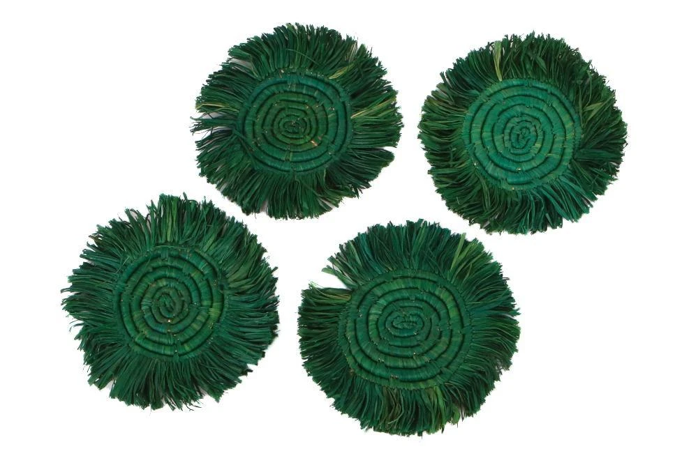KAZI Home Goods Evergreen Fringed Oversized Raffia Coaster Set KAZI Home Goods Evergreen Fringed Oversized Raffia Coaster Set