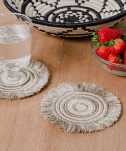 KAZI Fringed Taupe Geo Coasters Home Goods