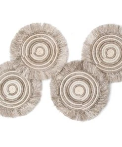 KAZI Fringed Taupe Geo Coasters Home Goods