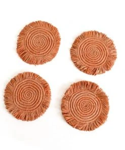 KAZI Home Goods Peach Fringed Raffia Coasters