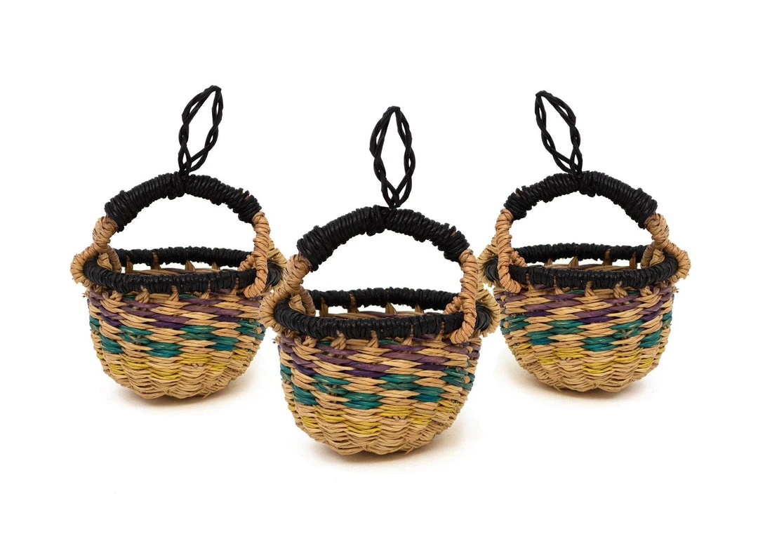 KAZI Fair Trade Petite Bolga Basket Ornament Set - Blue Checkered KAZI Fair Trade Petite Bolga Basket Ornament Set - Blue Checkered