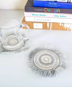 KAZI Silver Metallic Geo Fringed Oversized Coaster Set