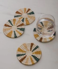 KAZI Striped Sand + Hunter Green Coasters Kitchen + Dining