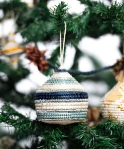 KAZI Fair Trade Striped Soft Blue + Silver Bulb Ornament