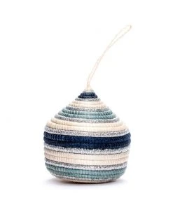 KAZI Fair Trade Striped Soft Blue + Silver Bulb Ornament