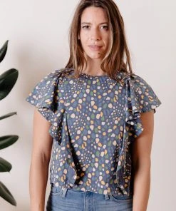 Mata Traders Clothing Flora Blue Spots Flutter Sleeve Top
