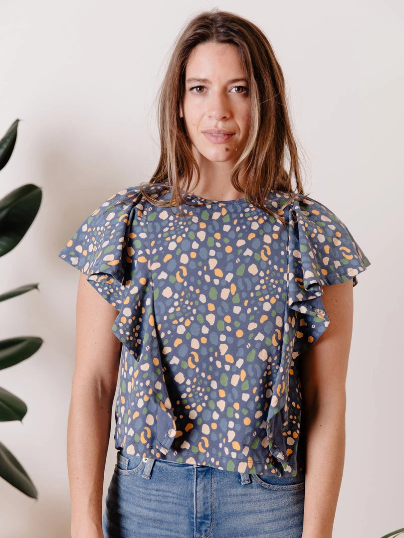 Mata Traders Clothing Flora Blue Spots Flutter Sleeve Top Mata Traders Clothing Flora Blue Spots Flutter Sleeve Top