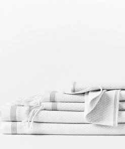 Coyuchi Mediterranean Towels - Alpine White / Slate Stripe