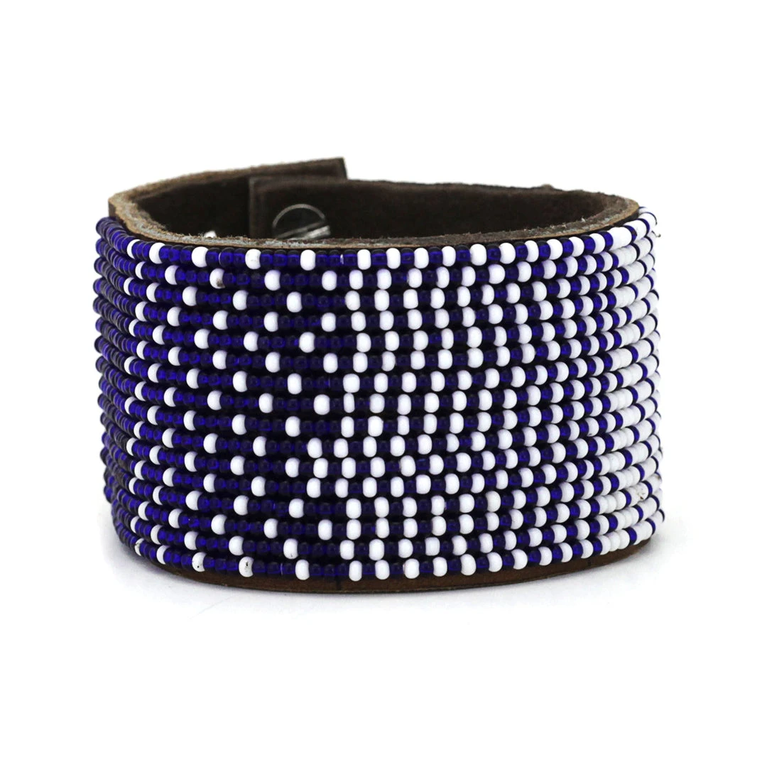 Swahili Coast Design Ombre Dark Blue Beaded Leather Cuff Swahili Coast Design Ombre Dark Blue Beaded Leather Cuff