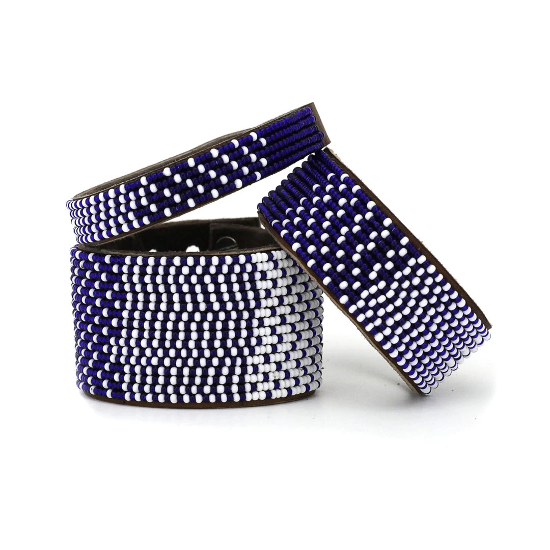Swahili Coast Design Ombre Dark Blue Beaded Leather Cuff Swahili Coast Design Ombre Dark Blue Beaded Leather Cuff