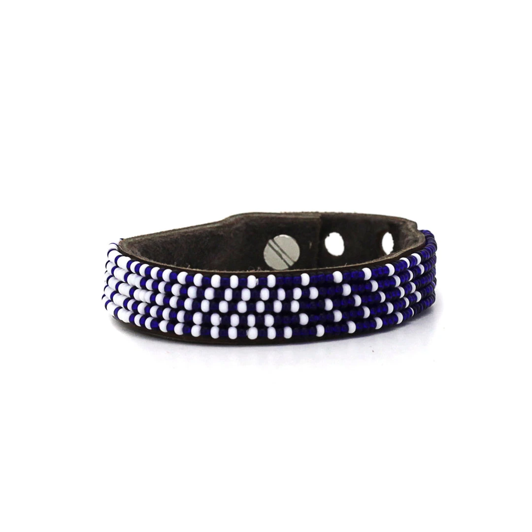 Swahili Coast Design Ombre Dark Blue Beaded Leather Cuff Swahili Coast Design Ombre Dark Blue Beaded Leather Cuff