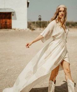 Symbology Peacock Feather Maxi Modal Wrap Dress - Cream + Gold