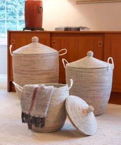 Swahili African Modern Home Goods Solid White Hamper Set 1 Swahili African Modern Home Goods Solid White Hamper Set