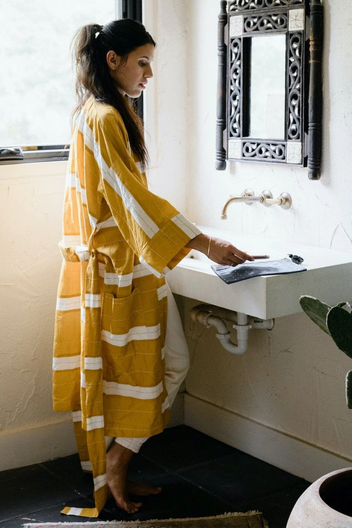 Anchal Home Goods Stripe Unisex Robe - Mustard Anchal Home Goods Stripe Unisex Robe - Mustard