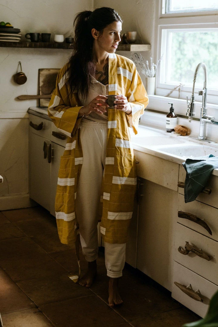 Anchal Home Goods Stripe Unisex Robe - Mustard Anchal Home Goods Stripe Unisex Robe - Mustard