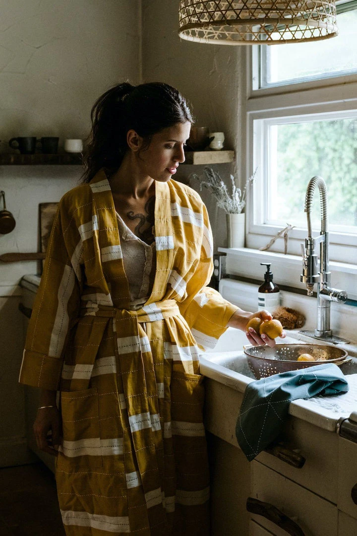 Anchal Home Goods Stripe Unisex Robe - Mustard Anchal Home Goods Stripe Unisex Robe - Mustard