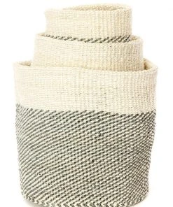 Swahili African Modern Gray And Cream Twill Nesting Basket Set