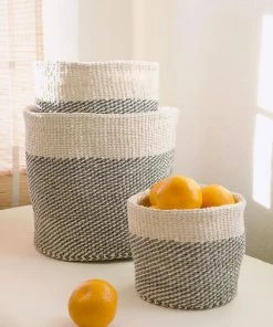 Swahili African Modern Gray And Cream Twill Nesting Basket Set