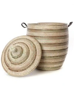 Swahili African Modern Medium Black, Silver + White Striped Laundry Hamper