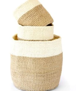 Swahili African Modern Home Goods Beige And Cream Sisal Nesting Basket Set