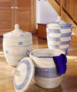 Swahili African Modern Home Goods Blue And Cream Mixed Pattern Hamper Set