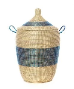 Swahili African Modern Home Goods Blue And Cream Mixed Pattern Hamper Set