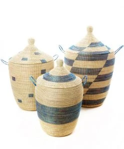 Swahili African Modern Home Goods Blue And Cream Mixed Pattern Hamper Set