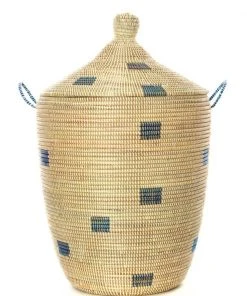 Swahili African Modern Home Goods Blue And Cream Mixed Pattern Hamper Set