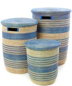 Swahili African Modern Home Goods Blue Ebb + Flow Striped Hamper Set