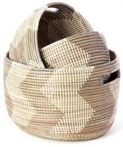 Swahili African Modern Silver And White ZigZag Nesting Basket Set Home Goods