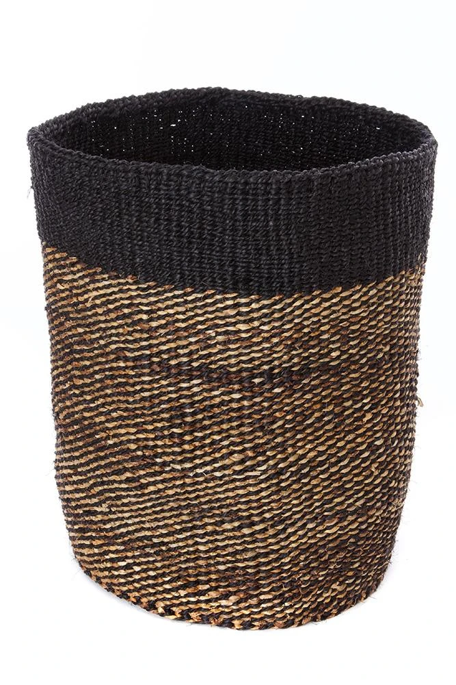 Swahili African Modern Tall Black Sisal And Banana Fiber Twill Basket Home Goods Swahili African Modern Tall Black Sisal And Banana Fiber Twill Basket Home Goods