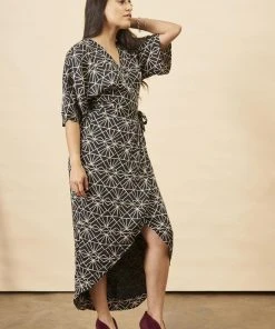 Symbology Art Deco Modal Maxi Wrap Dress - Black + Cream