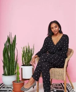 Symbology Baby Cacti Wrap Jumpsuit - Black + Ivory Clothing