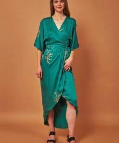 Symbology Cherry Blossom Modal Maxi Wrap Dress - Emerald + Gold Best Sellers