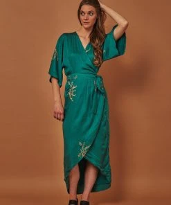 Symbology Cherry Blossom Modal Maxi Wrap Dress - Emerald + Gold Best Sellers