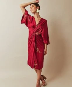 Symbology Cherry Blossom Modal Twisted Midi Dress - Raspberry + Gold