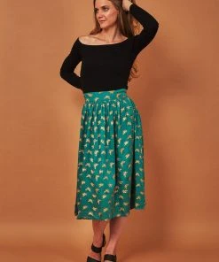 Symbology Best Sellers Gingko Leaf Midi Skirt - Green + Gold